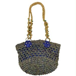 Elegant Woven Shoulder Bag with Gold and Blue Details